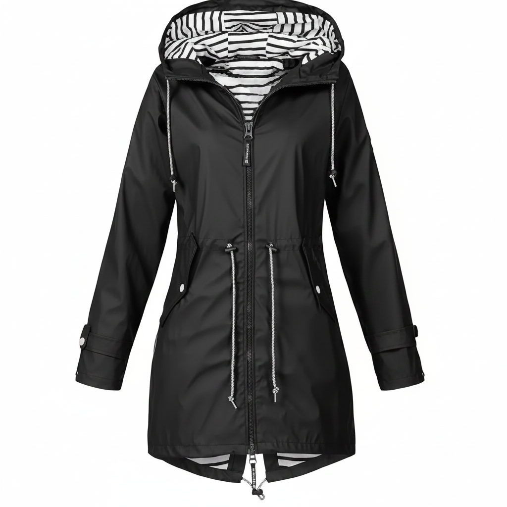Black hooded raincoat with striped inner hood, zip front, drawstring cuffs and hem