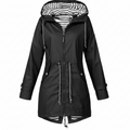 Black hooded raincoat with striped inner hood, zip front, drawstring cuffs and hem