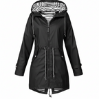 Black hooded raincoat with striped inner hood, zip front, drawstring cuffs and hem