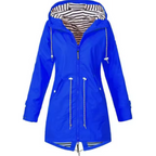 Blue hooded waterproof raincoat with striped inner hood, zip front, drawstring hem