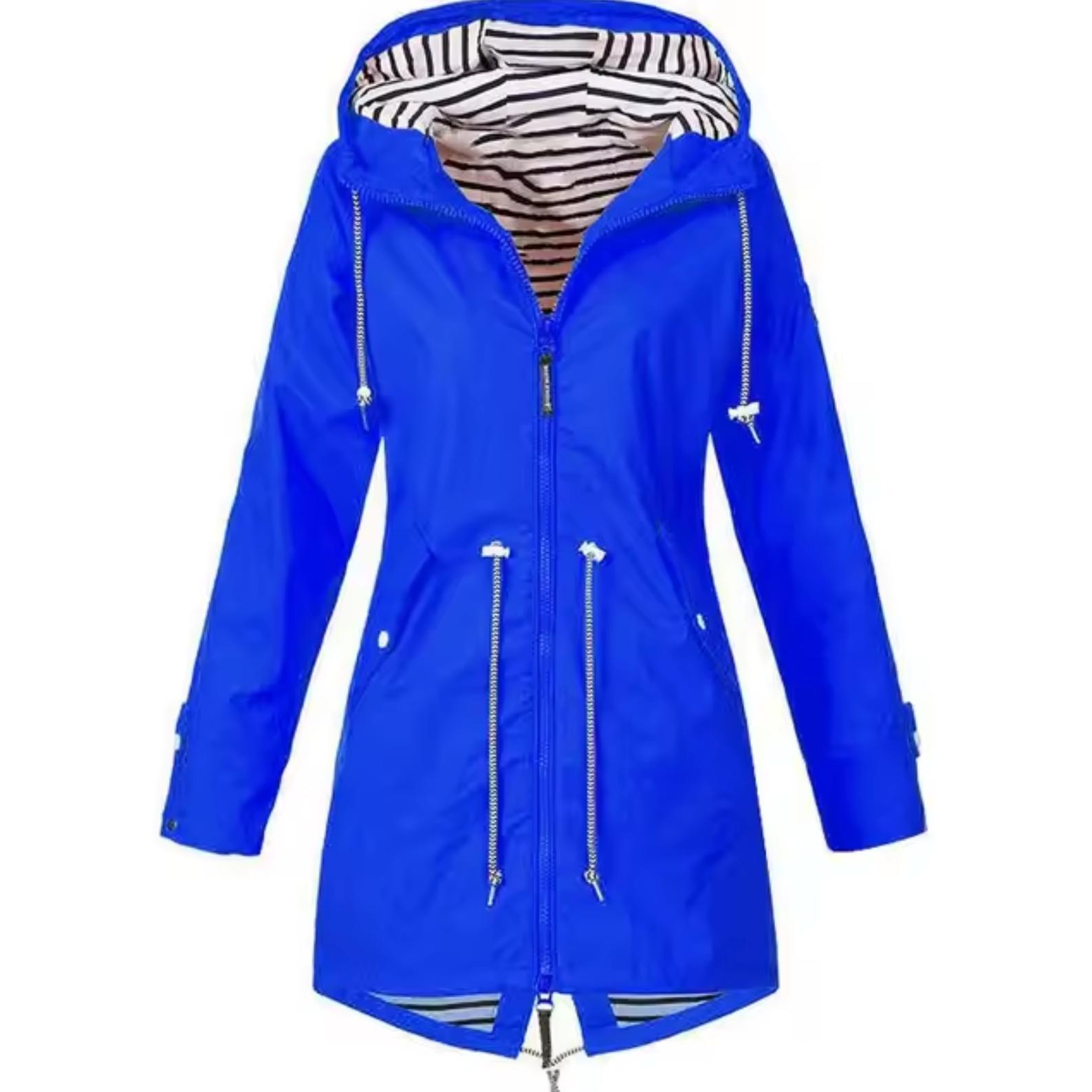 Blue hooded waterproof raincoat with striped inner hood, zip front, drawstring hem