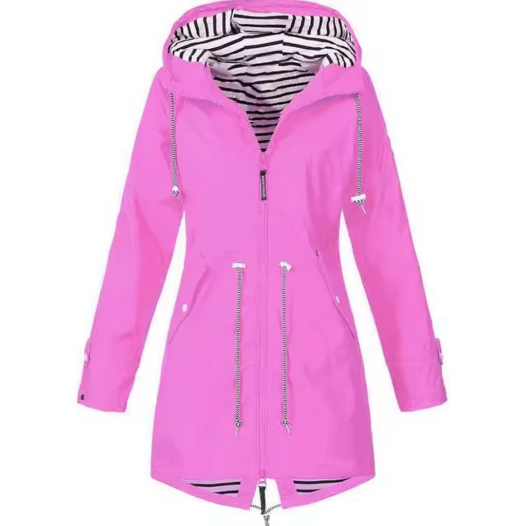 Pink hooded waterproof raincoat with striped inner hood, zip front, drawstring hem