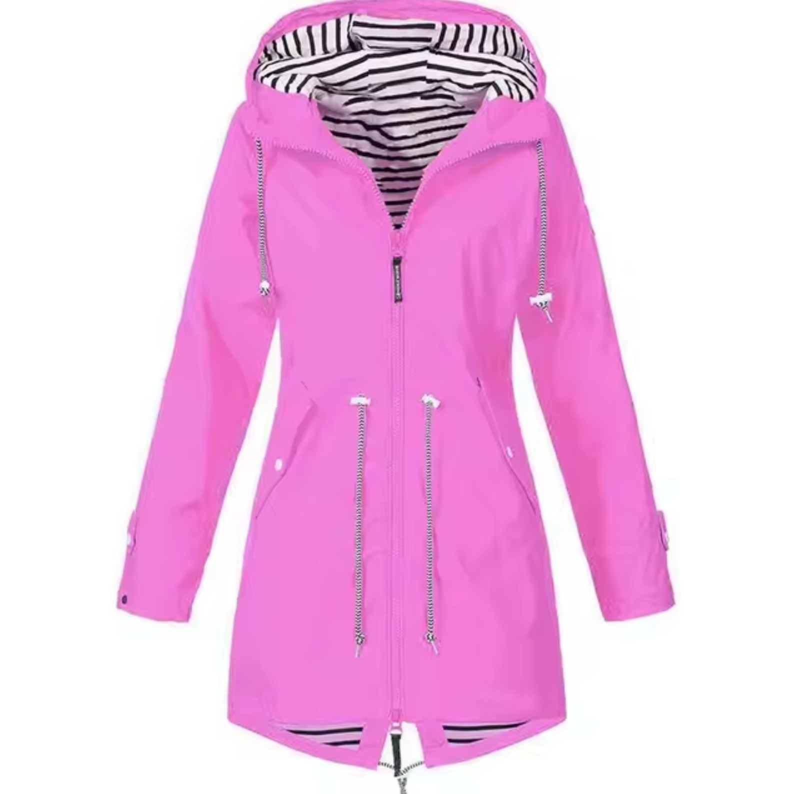 Pink hooded waterproof raincoat with striped inner hood, zip front, drawstring hem