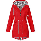 Red hooded waterproof raincoat with striped inner hood, zip front, drawstring hem