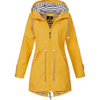 Yellow hooded waterproof raincoat with striped inner hood, zip front, drawstring hem