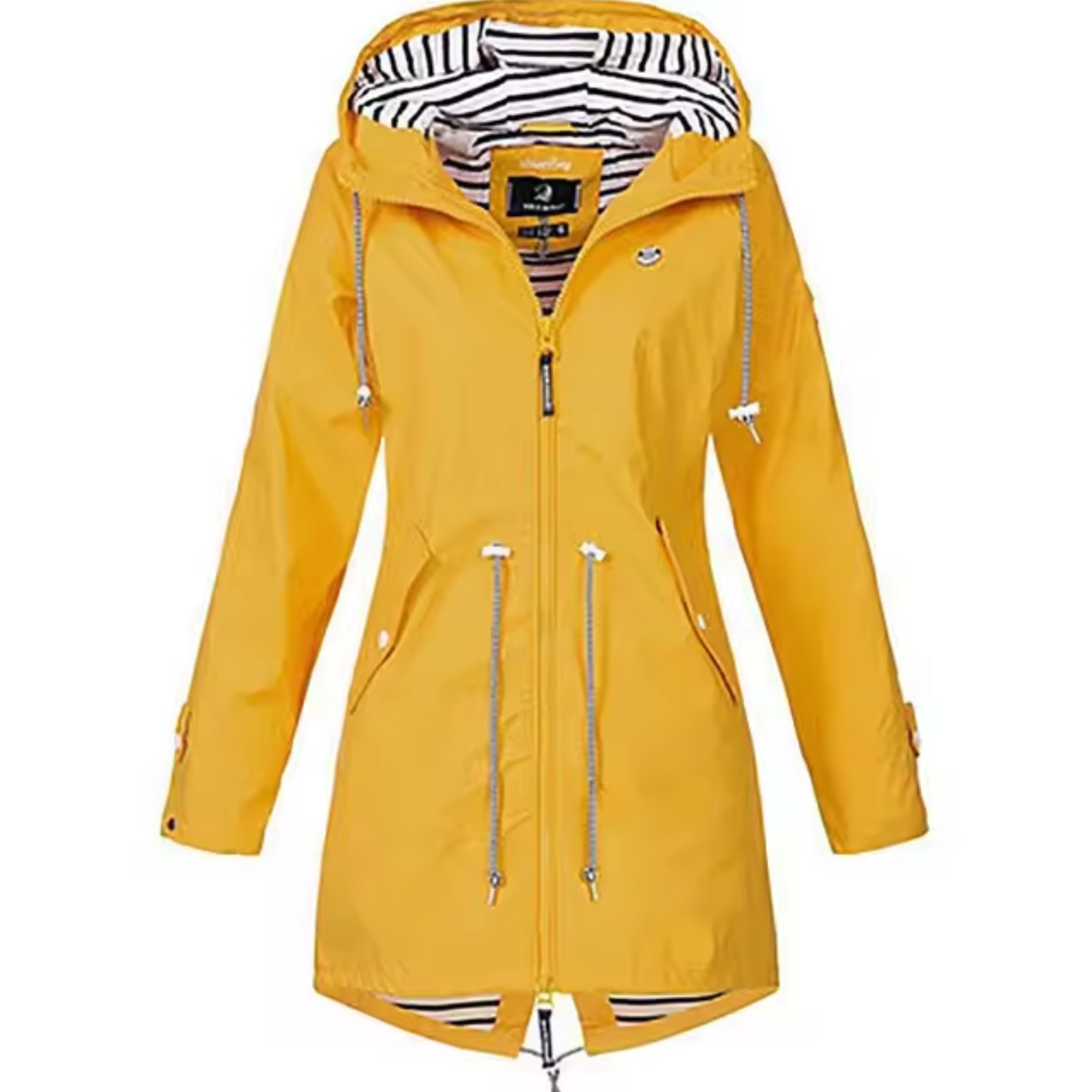 Yellow hooded waterproof raincoat with striped inner hood, zip front, drawstring hem