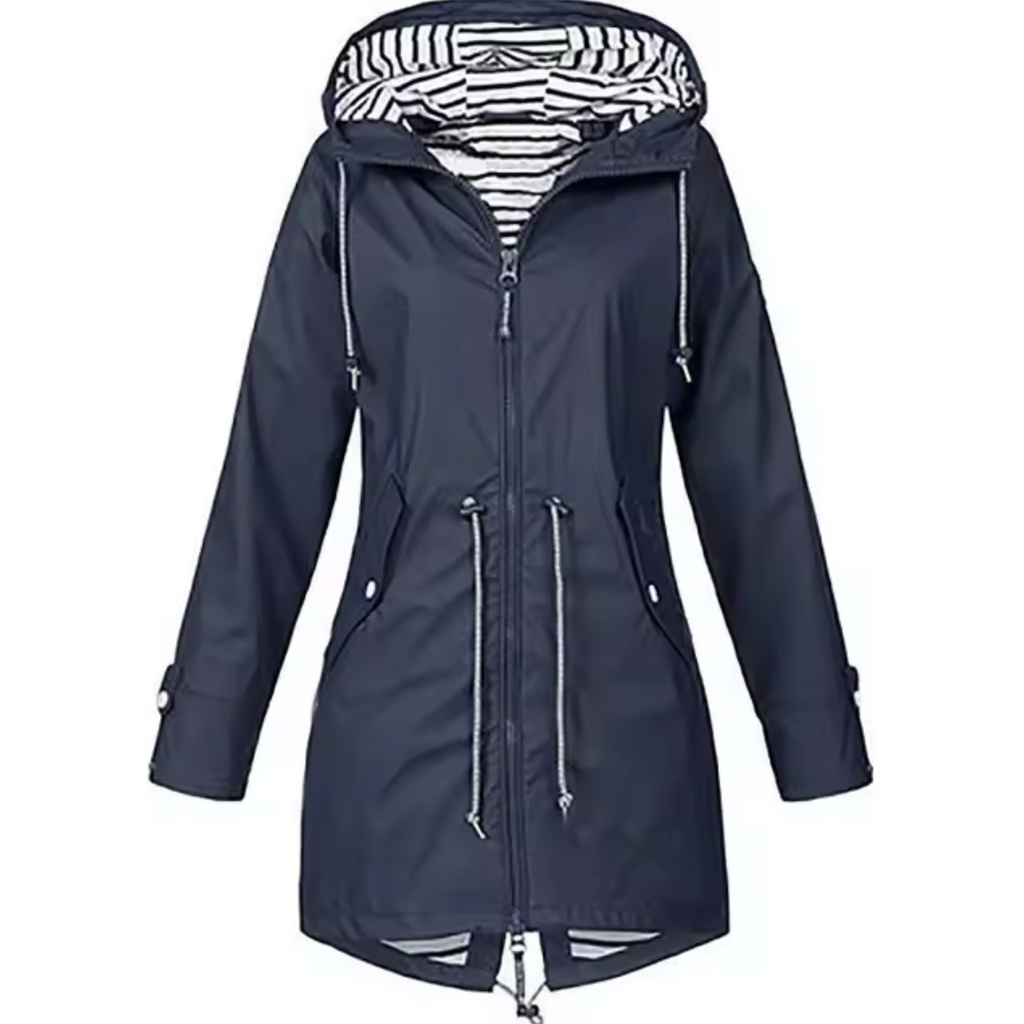 Navy hooded waterproof raincoat with striped inner hood, zip front, drawstring hem