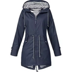 Navy hooded waterproof raincoat with striped inner hood, zip front, drawstring hem