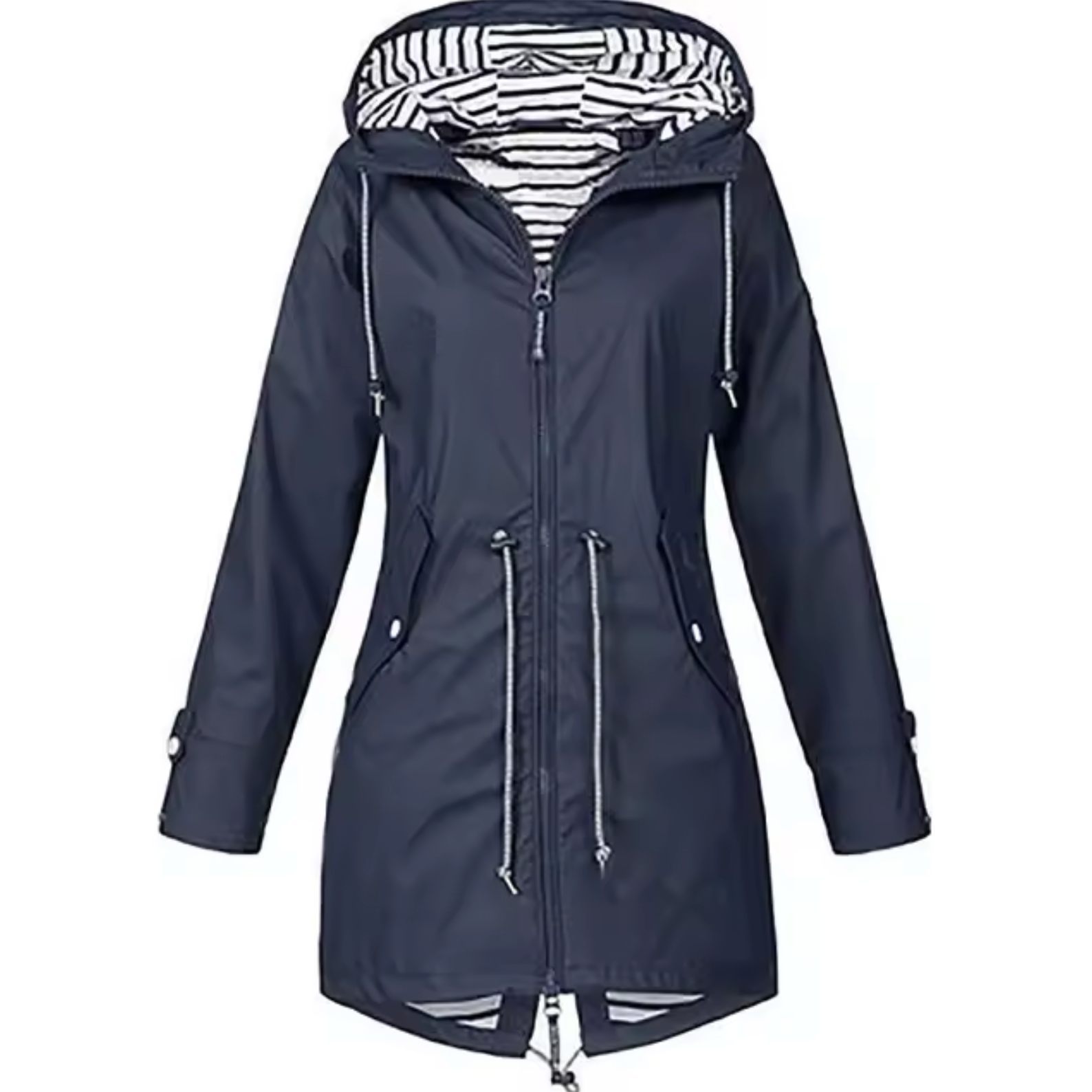 Navy hooded waterproof raincoat with striped inner hood, zip front, drawstring hem