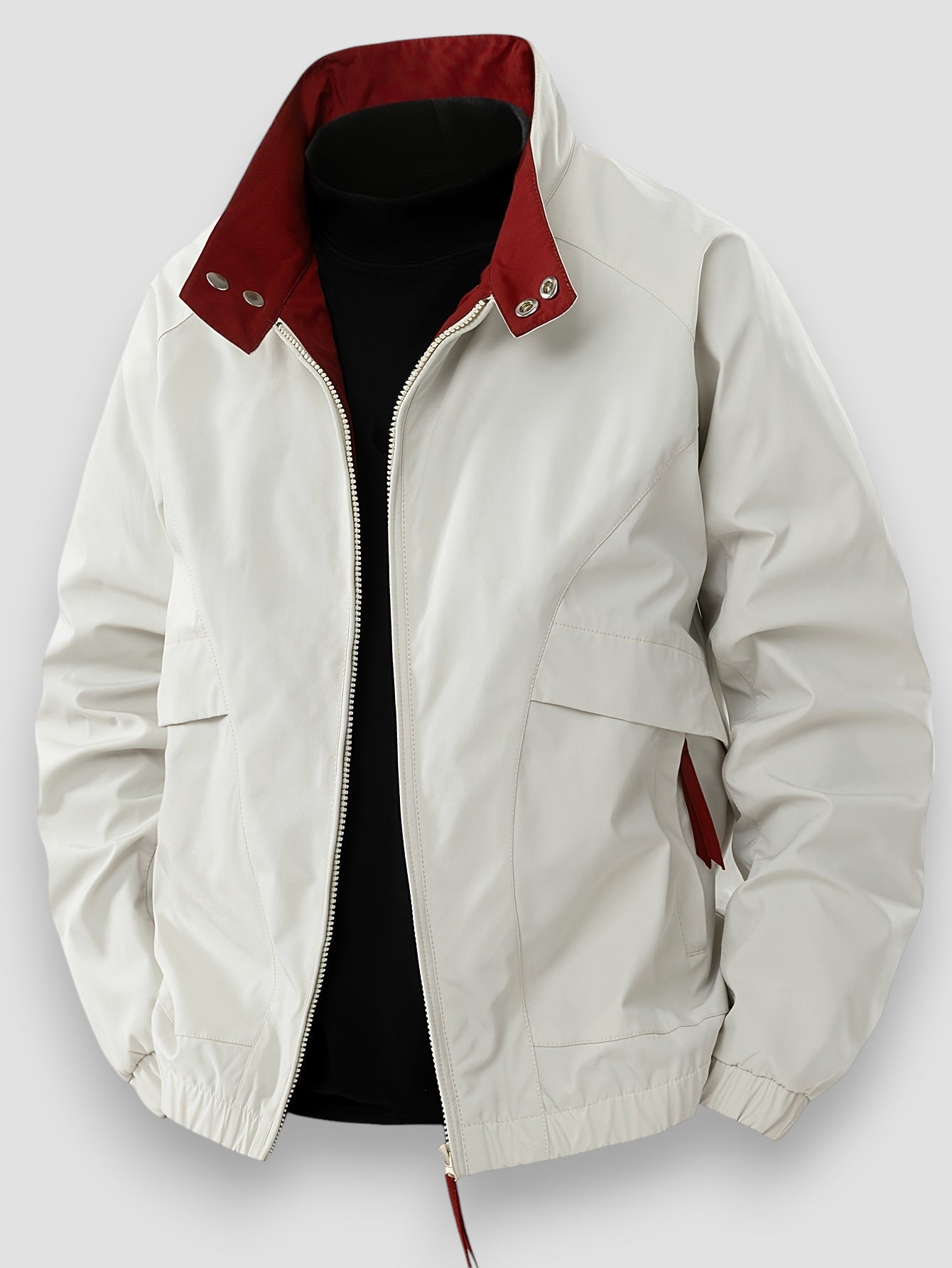 White lightweight spring jacket with full-zip front, snap pockets, red hood lining.