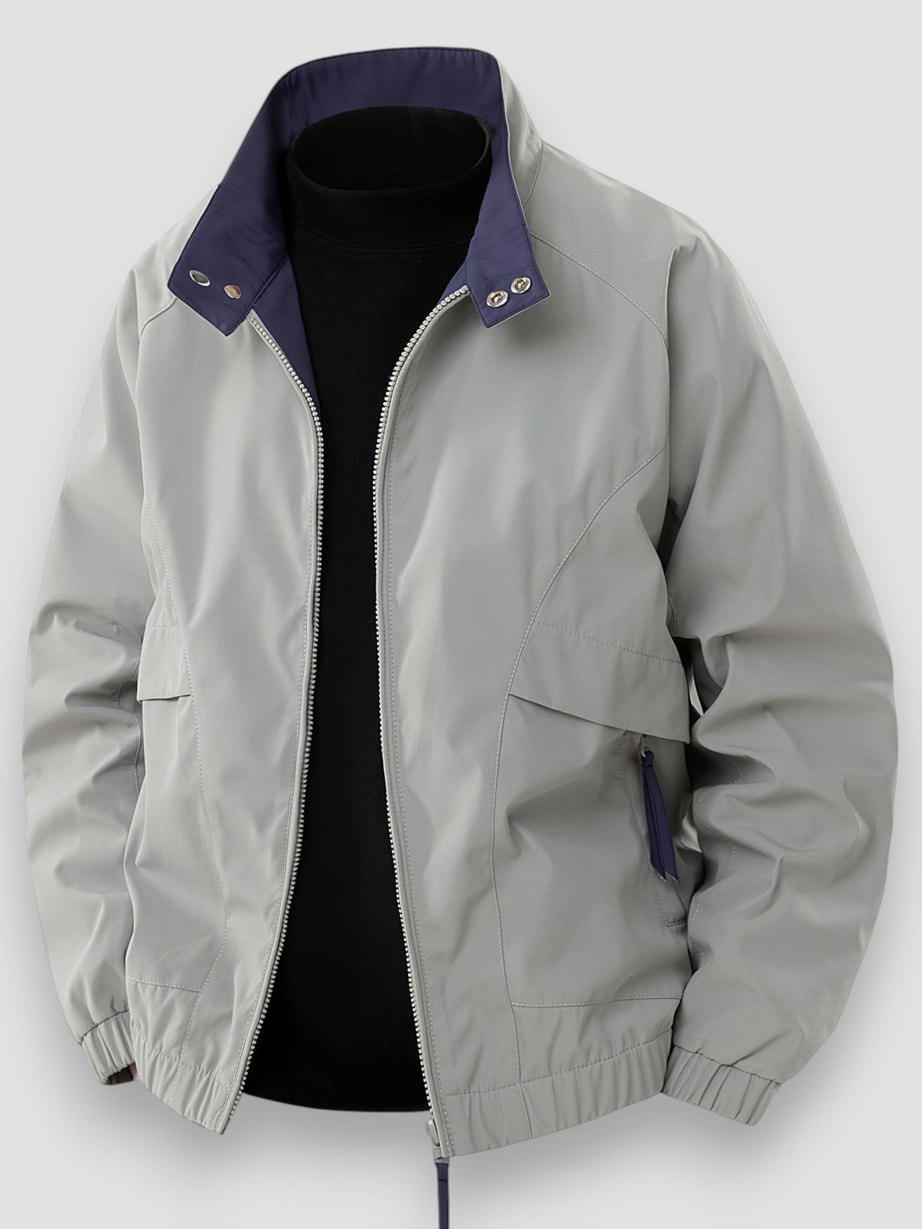 Light gray lightweight spring jacket with full-zip front and flap pockets, purple collar accents.