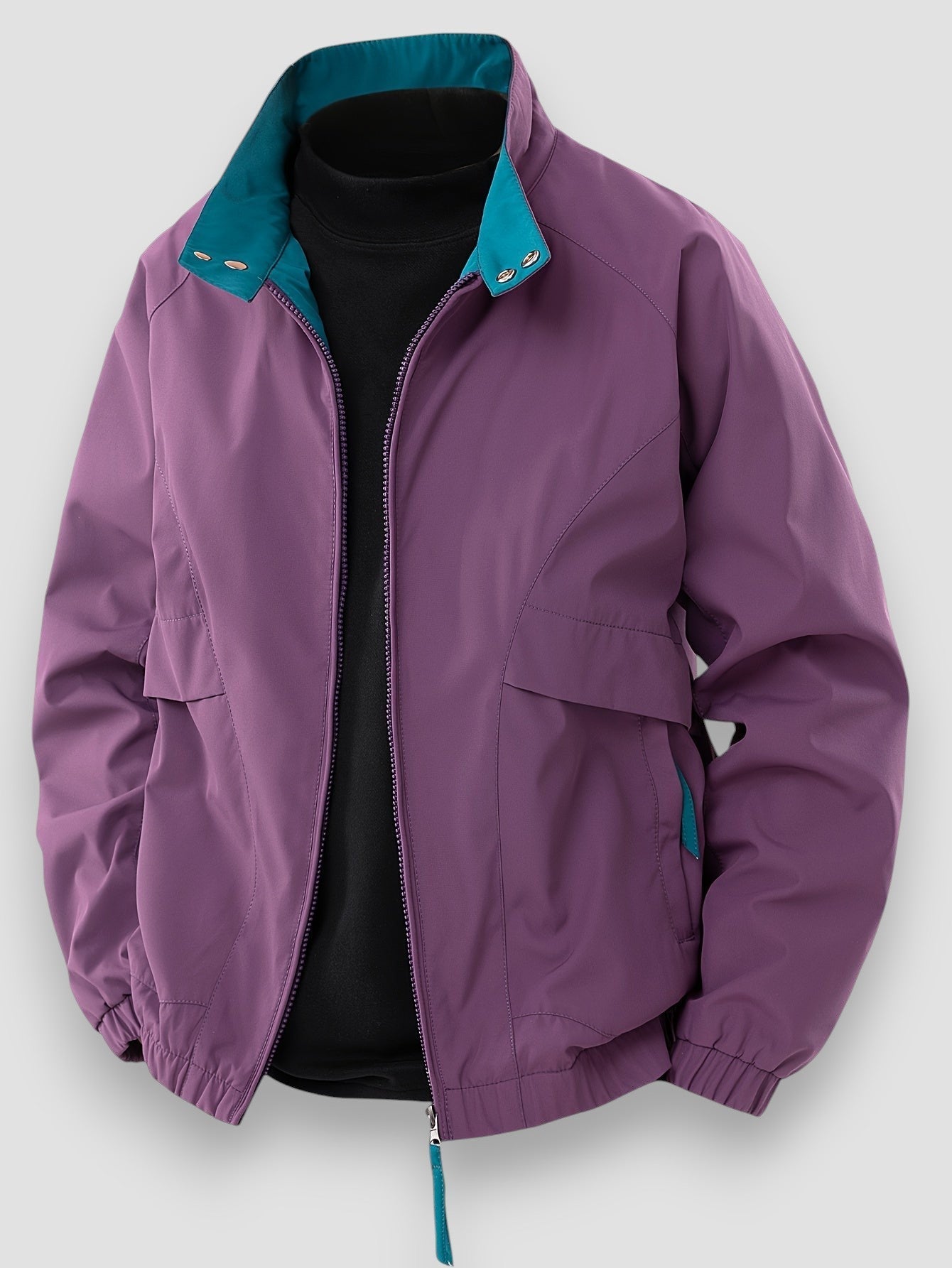 Purple lightweight spring jacket with full-zip front, flap pockets, teal collar accents.