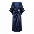 Midnight blue satin boat-neck maxi dress with wide draped sleeves and jeweled waist brooch