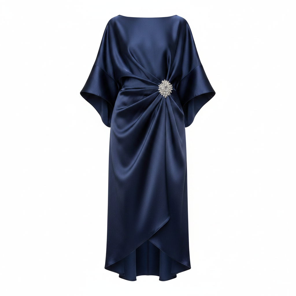 Midnight blue satin boat-neck maxi dress with wide draped sleeves and jeweled waist brooch