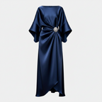 Midnight blue satin maxi dress with wide short sleeves, boat neckline bow detail
