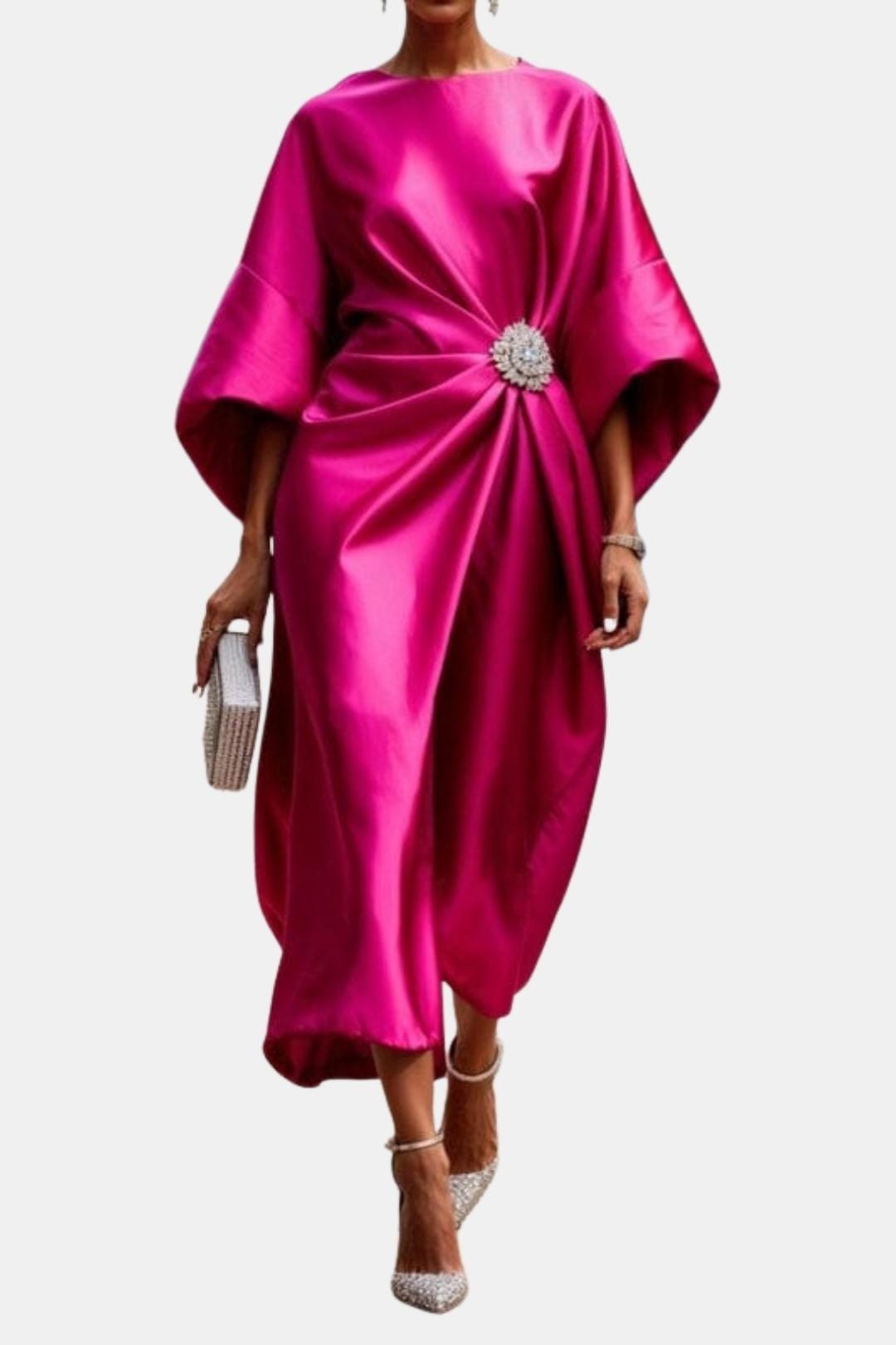 Rose satin maxi dress with wide short sleeves, boat neckline bow detail, draped hem