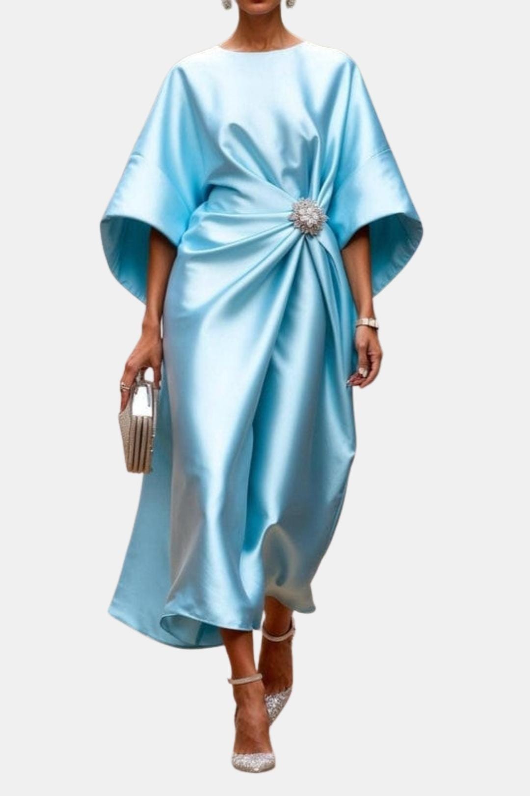 Light sky blue satin maxi dress with wide short sleeves, boat neckline bow detail