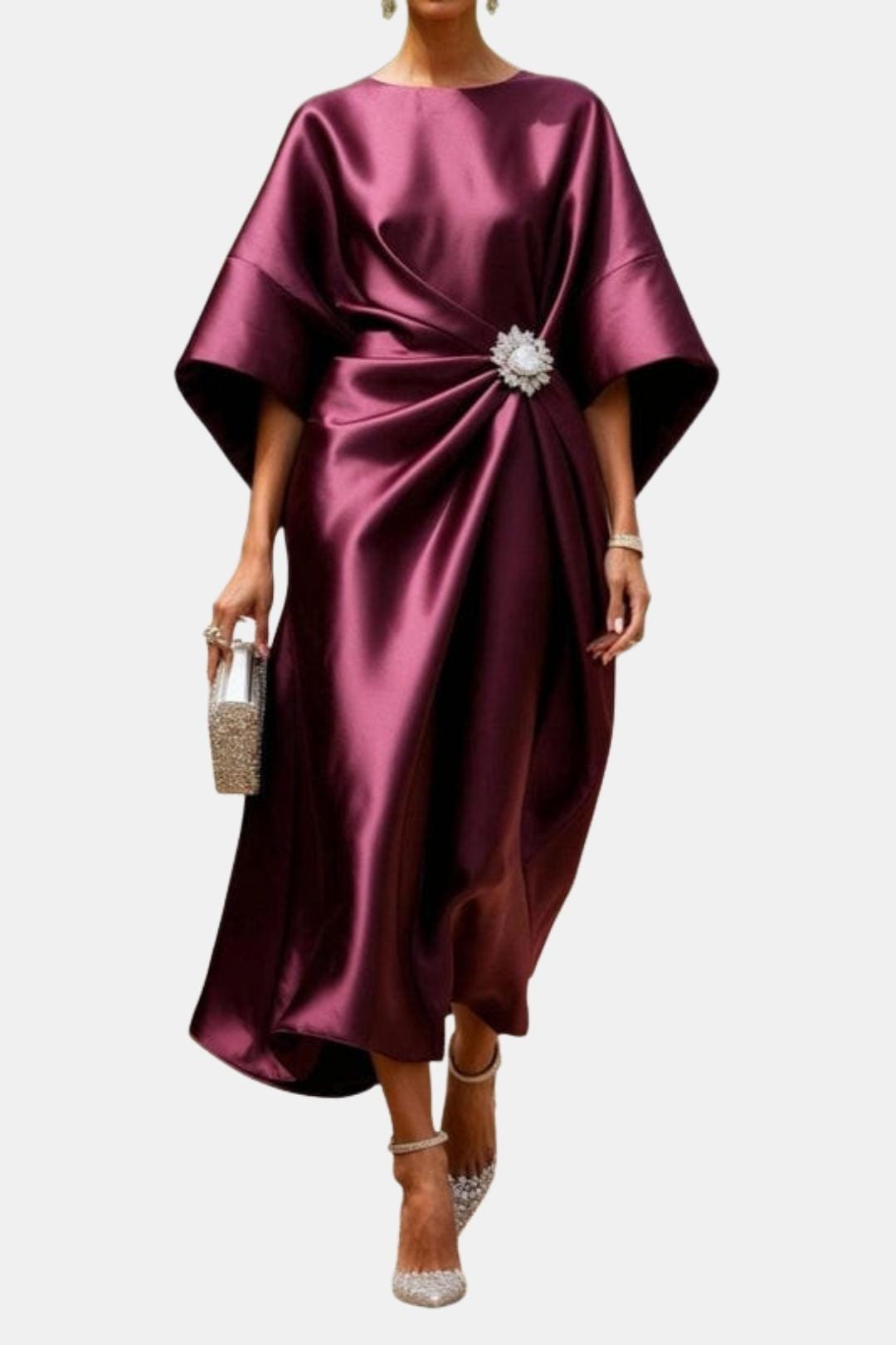 Claret satin maxi dress with wide short sleeves, boat neckline bow detail, side drape
