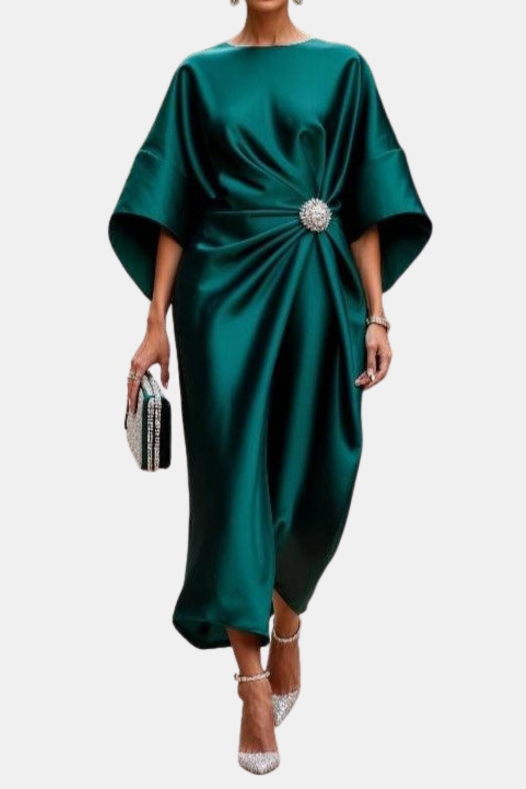 Emerald green satin maxi dress with wide short sleeves, boat neckline bow detail