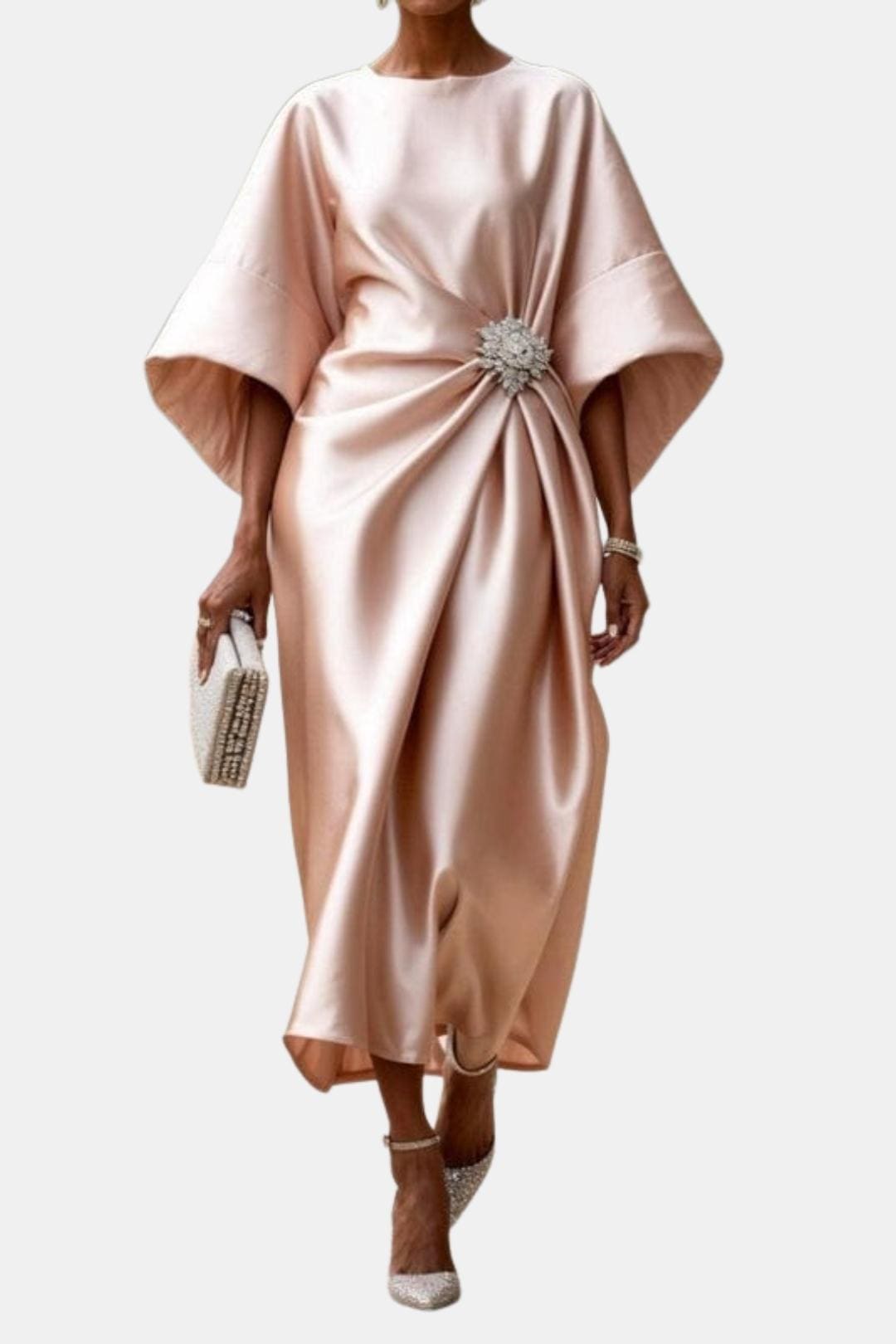 Blush satin maxi dress with wide short sleeves, boat neckline bow detail, draped skirt