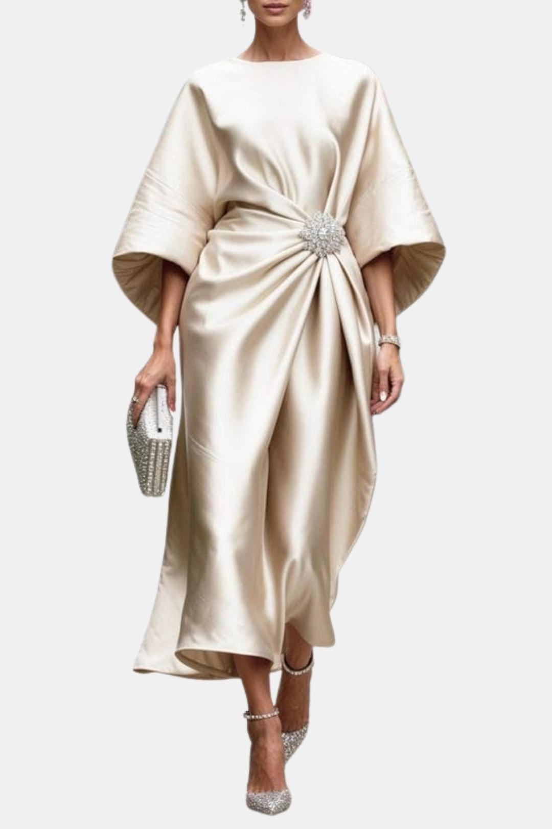 Ivory satin maxi dress with wide short sleeves, boat neckline bow detail, draped fit