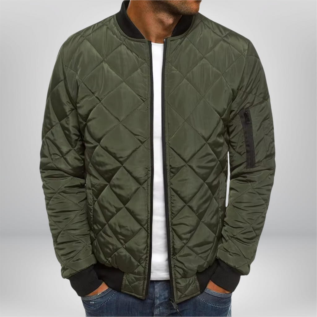 Green quilted bomber jacket with front zip, ribbed collar/cuffs, diamond quilting