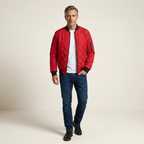 Men's quilted bomber jacket in red with diamond stitch, zip front, ribbed cuffs and hem