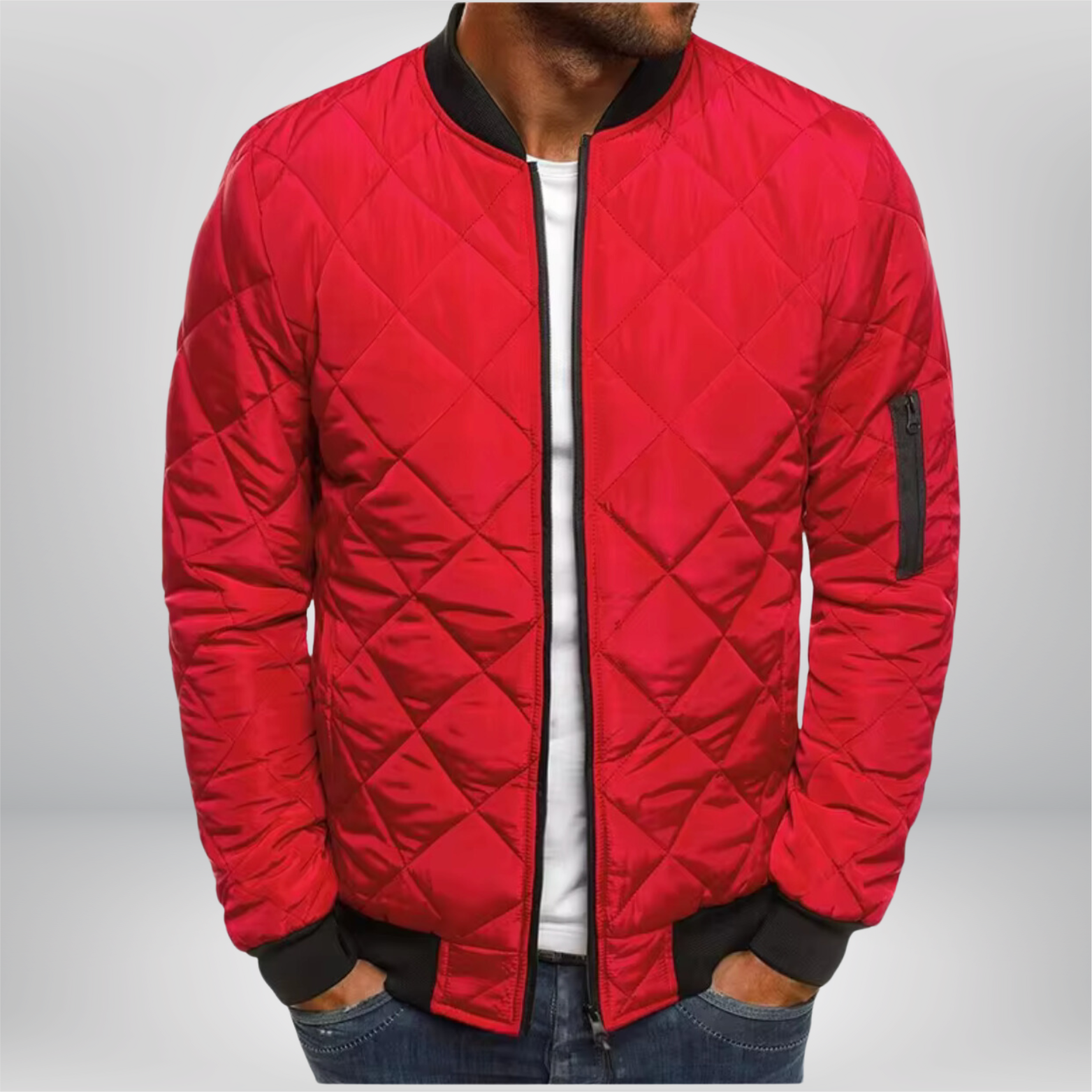 Red quilted bomber jacket with front zip, ribbed collar/cuffs, diamond quilting
