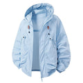 Light blue hooded lightweight jacket with zip front, pocket details, drawcord hem