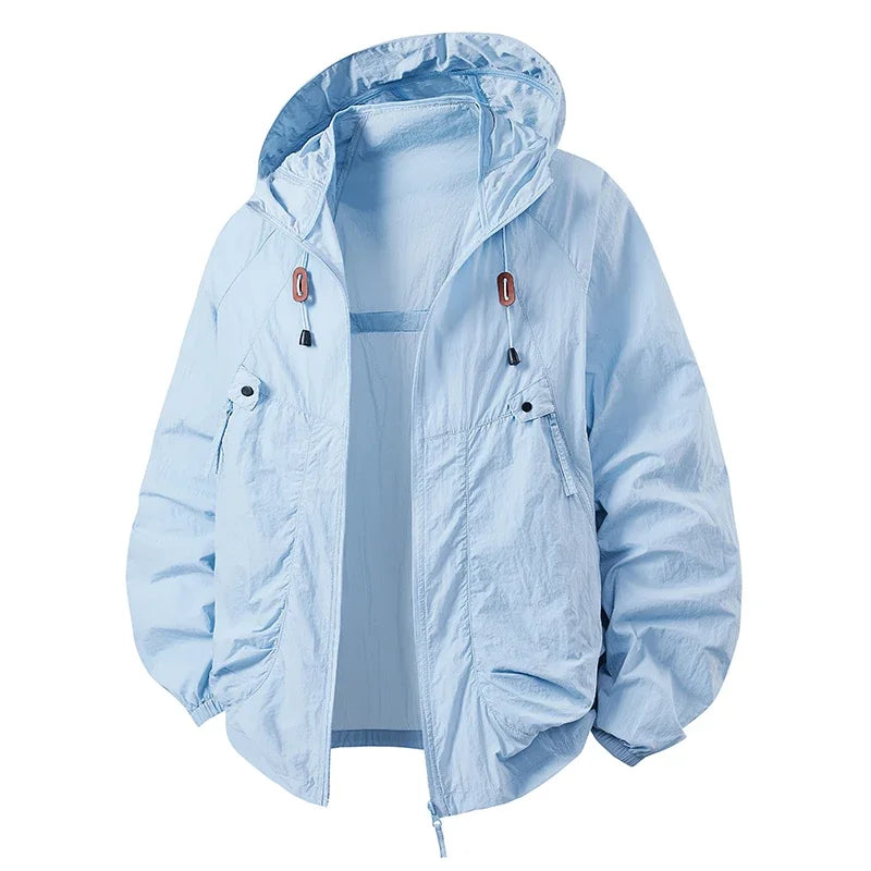 Light blue hooded lightweight jacket with zip front, pocket details, drawcord hem