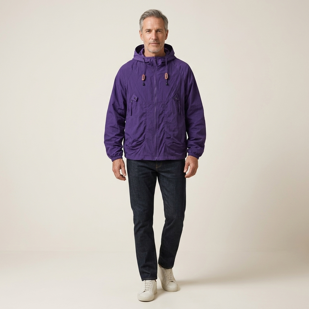 Purple lightweight hooded jacket with front zipper and drawstring hood, two front pockets