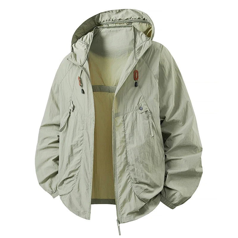 Olive green hooded lightweight jacket with zip front, pocket details, drawcord hem