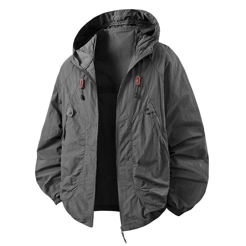 Dark gray hooded lightweight jacket with zip front, pocket details, drawcord hem