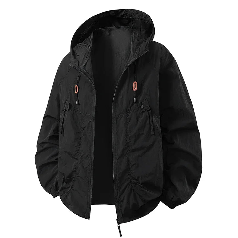 Black hooded lightweight jacket with zip front, pocket details, drawcord hem