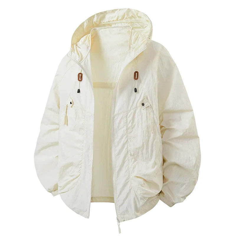 Ivory hooded lightweight jacket with zip front, pocket details, drawcord hem