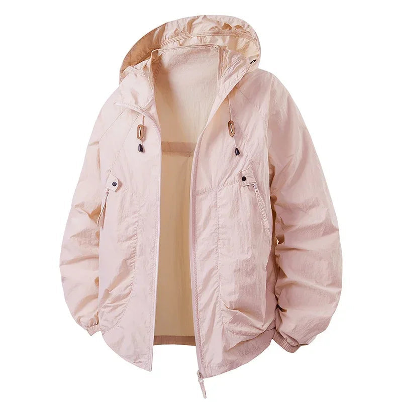 Blush pink hooded lightweight jacket with zip front, pocket details, drawcord hem