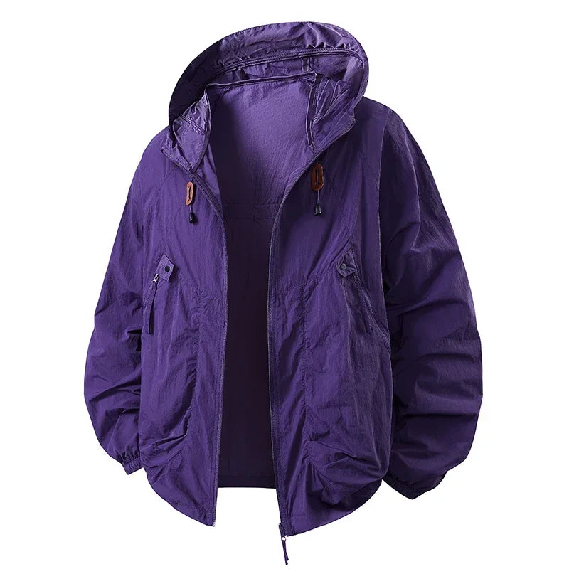 Purple hooded lightweight jacket with zip front, pocket details, drawcord hem