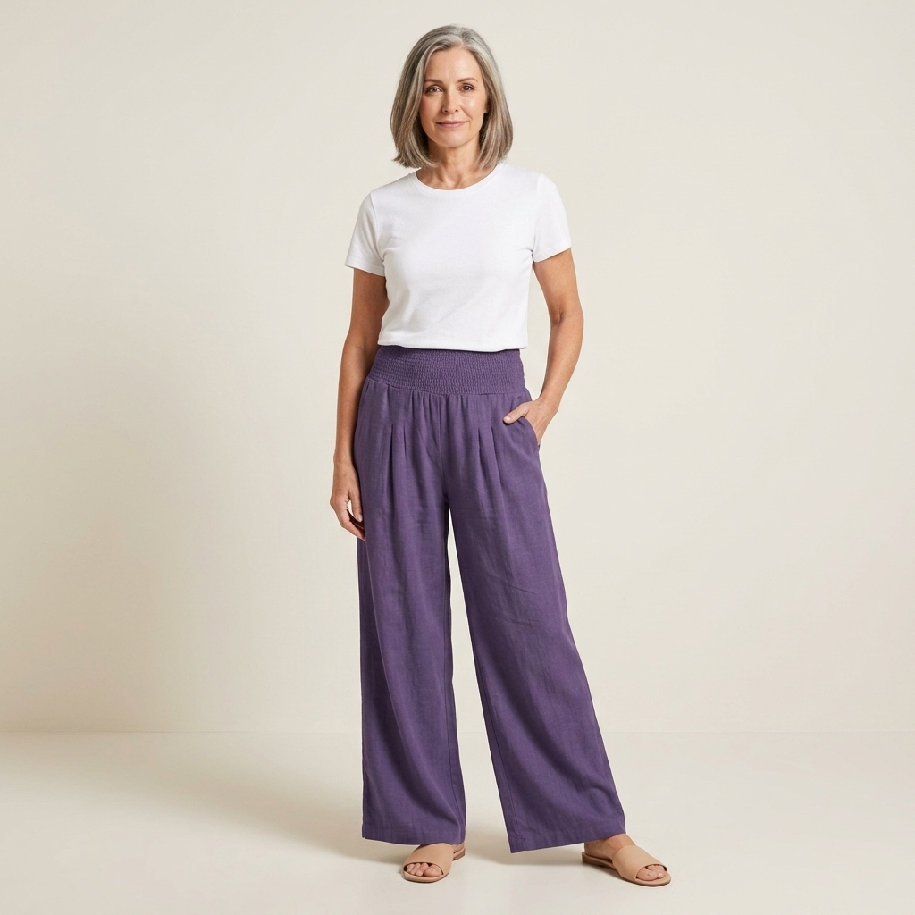 High-waisted wide-leg trousers in purple with relaxed, loose fit for warm weather