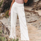 High-waisted linen wide-leg trousers with elastic smocked waistband, white