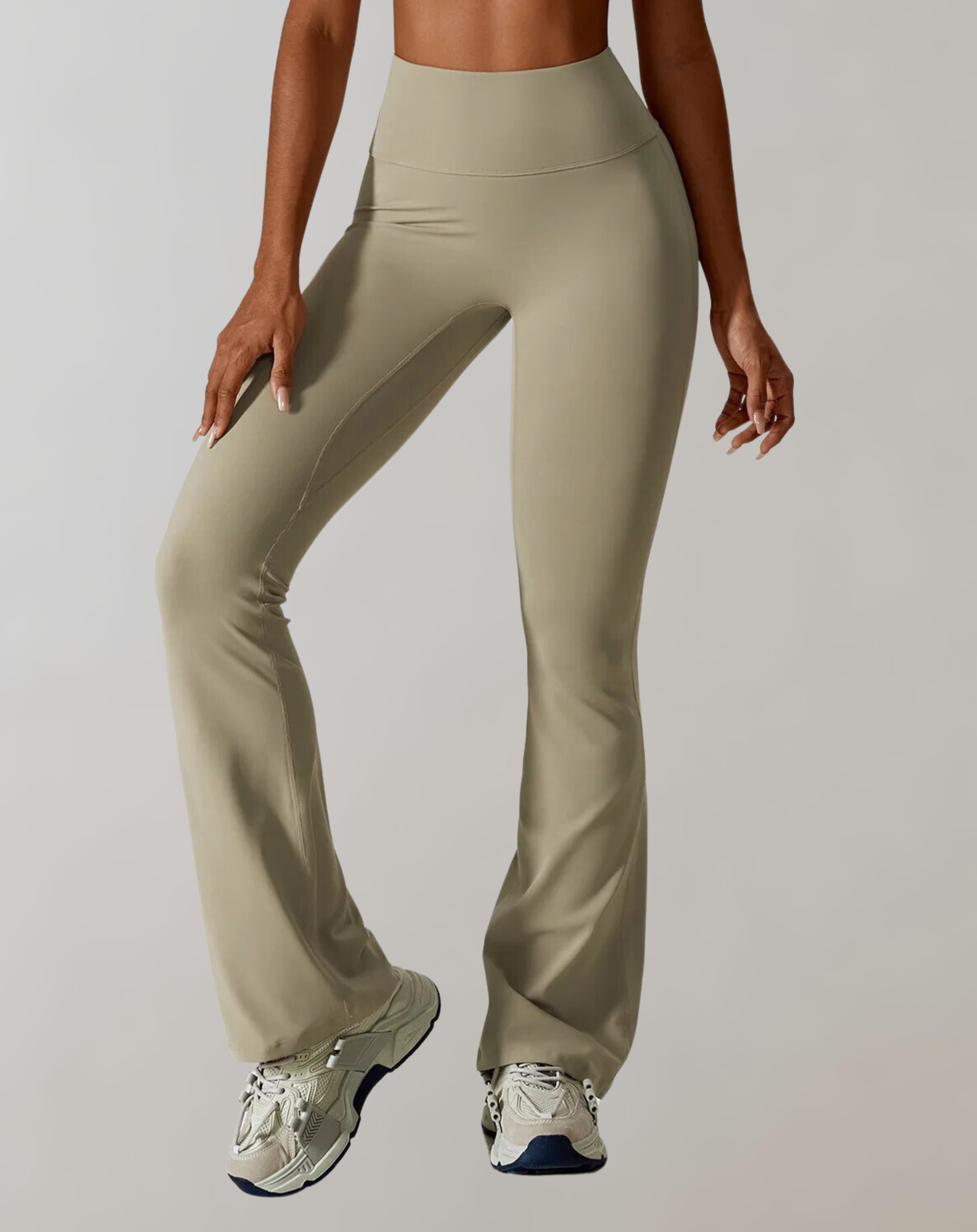 Light gray high-waisted wide-leg yoga pants, flared wide legs