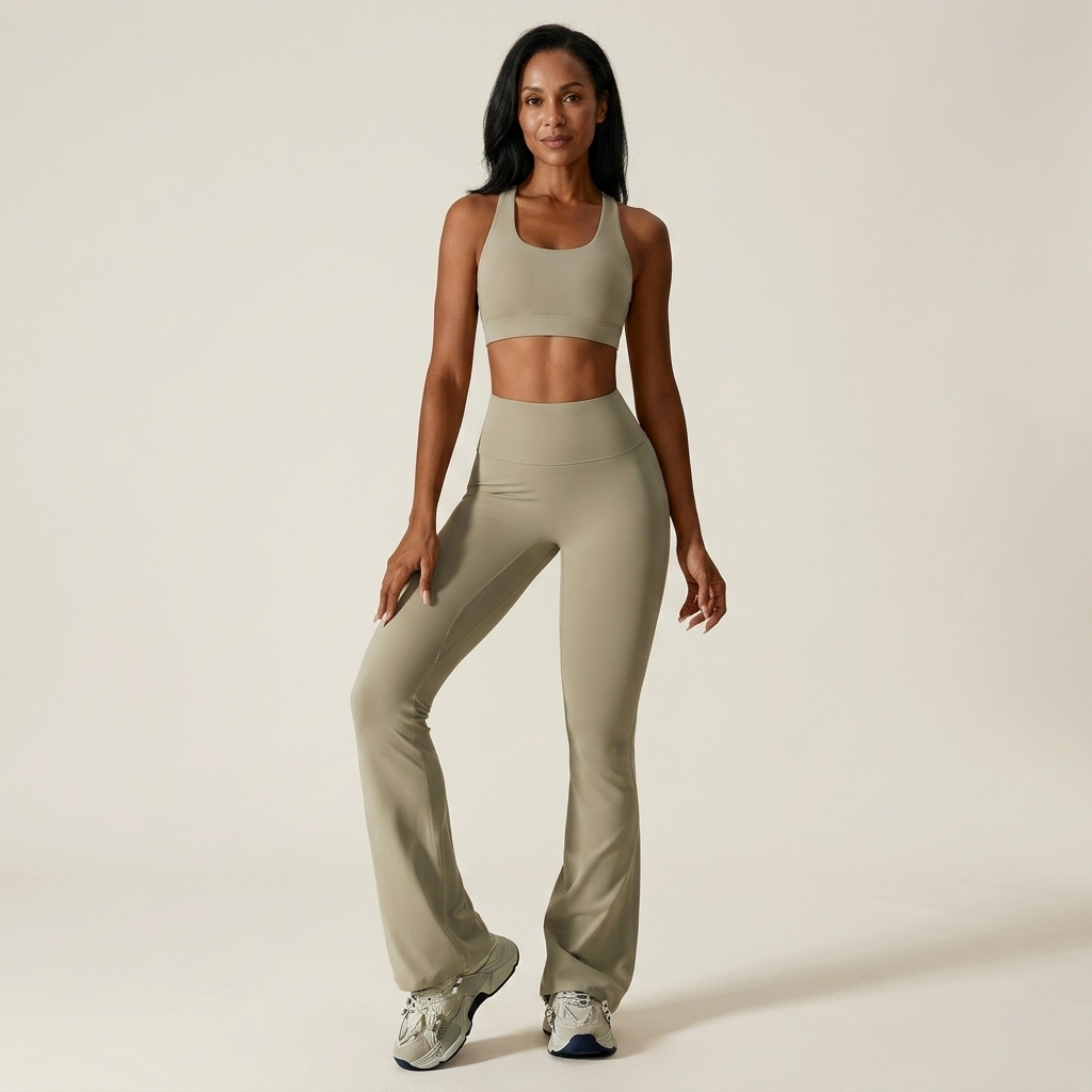 Women’s high-waisted wide-leg yoga pants, light beige soft stretch fabric