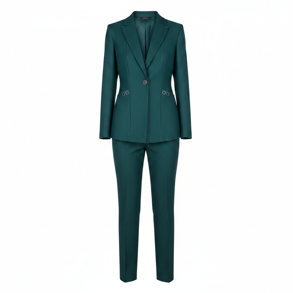 Women’s teal one-button blazer and straight trouser set, notched lapel, tailored fit