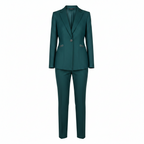 Women’s teal one-button blazer and straight trouser set, notched lapel, tailored fit