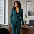 Teal women's tailored one-button blazer with matching straight-leg trousers suit set