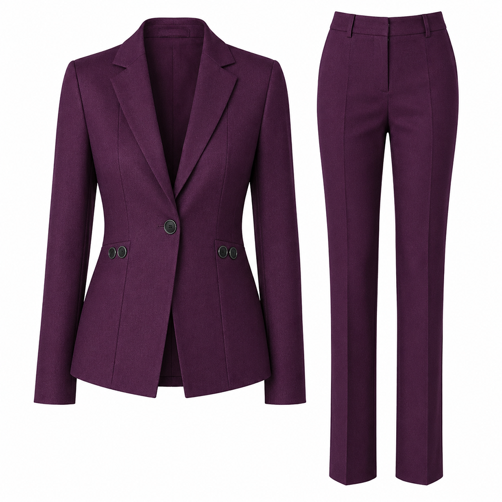 Women's purple one-button blazer with notch lapels and straight-leg trousers set