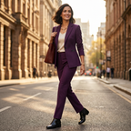 Women's purple tailored suit with one-button blazer and straight-leg trousers