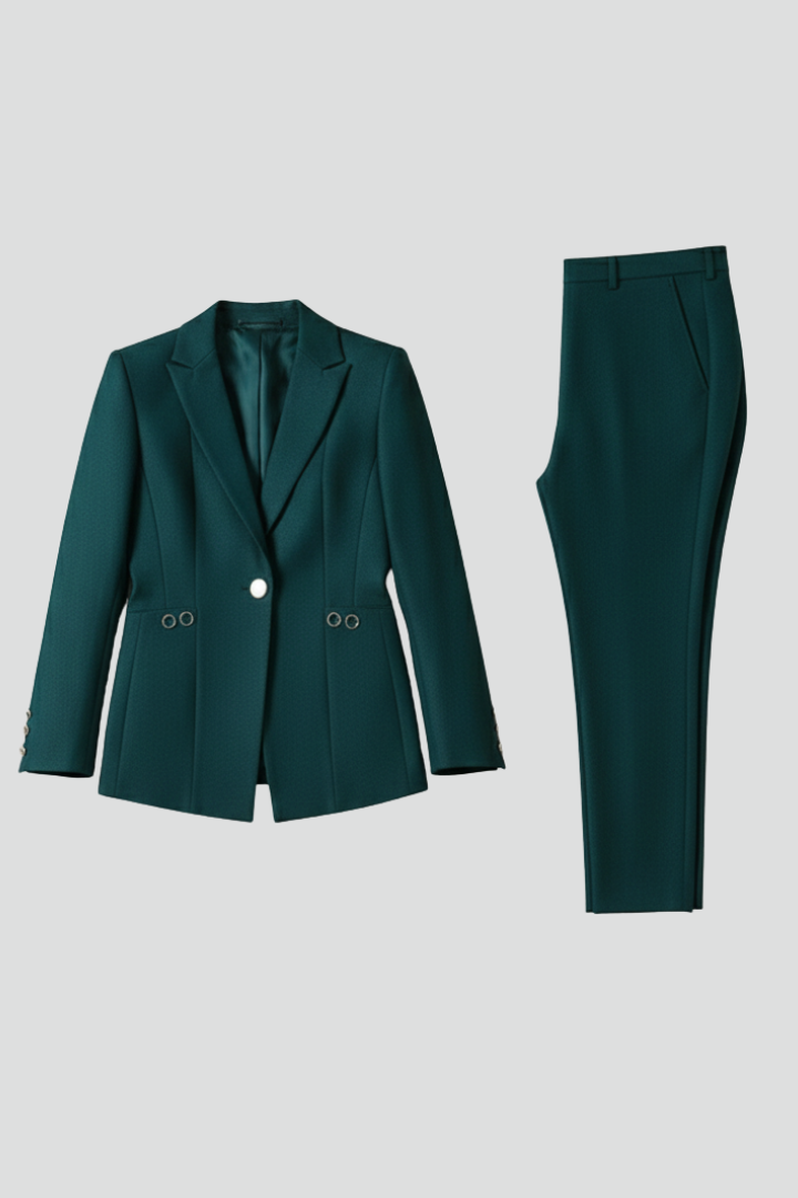 Women’s teal blazer and straight trousers set, one-button blazer with notch lapels