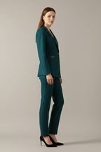 Women’s teal one-button blazer and straight trousers set, side view, tailored legs