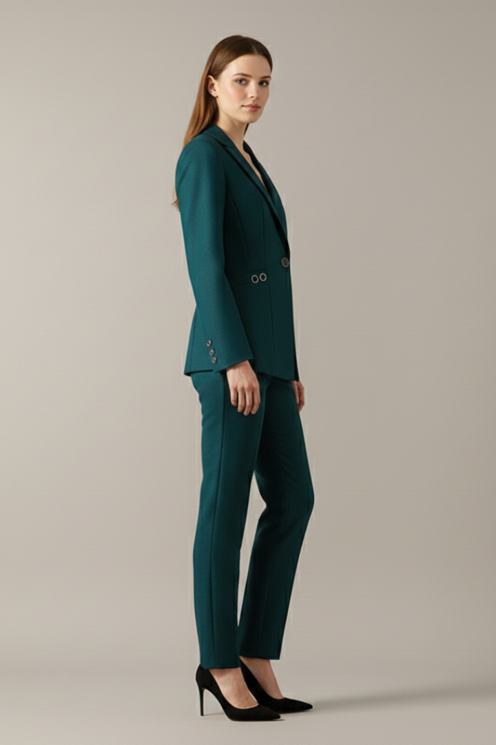 Women’s teal one-button blazer and straight trousers set, side view, tailored legs