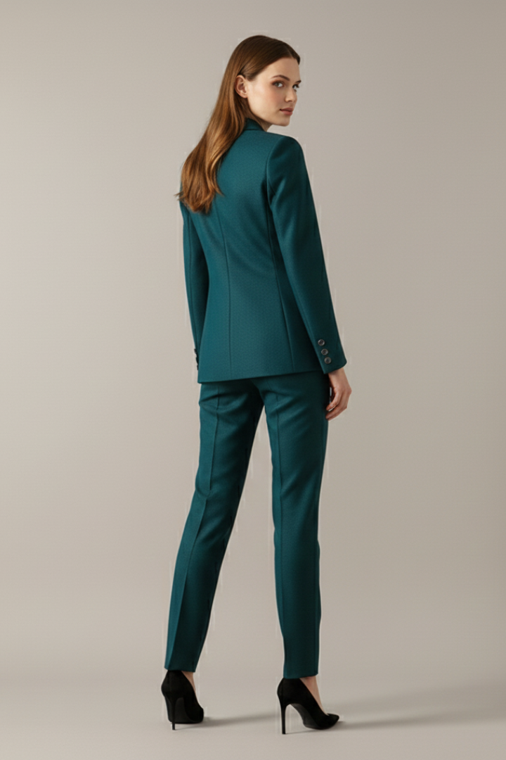 Women’s teal blazer and straight trousers set, back/side view, one-button jacket